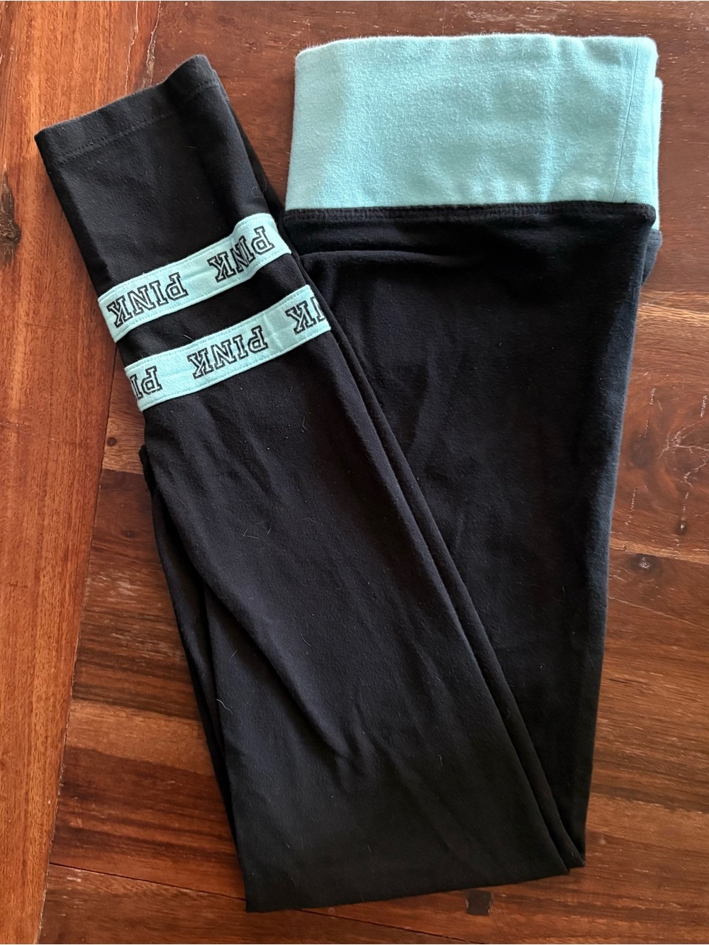 PINK Victoria's Secret Black Leggings with Mint Fold-Over Waistband